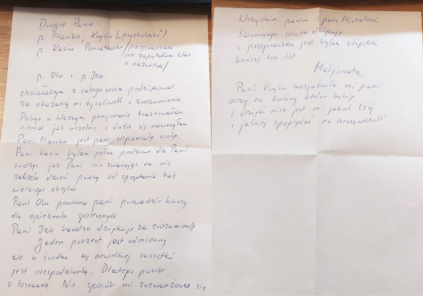 Ręcznie napisany list z podziękowaniem